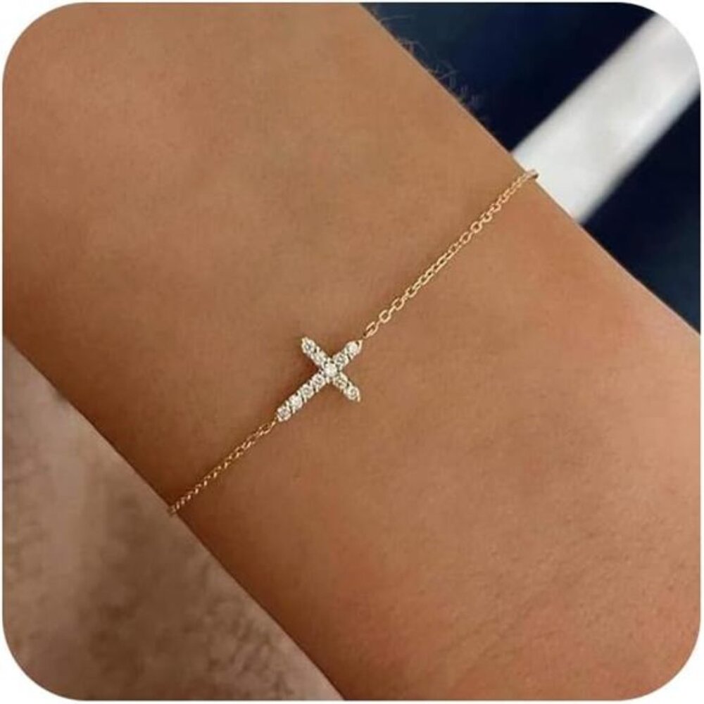 Gold Bracelet for Women Dainty Cross Beaded Adjustable Stack Pearl 14K Jewelry